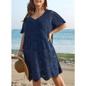 BLOOMCHIC 22-24 3X Plus Blue Cut-Out Solid V-Neck Swimsuit Coverup NEW B31